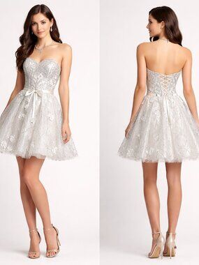 NWT MoriLee Madeline Gardner Strapless Prom Dress Silver Embroidered Size 8